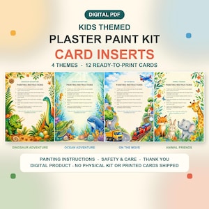 May include: A digital PDF plaster paint kit card insert set featuring four themes: Dinosaur Adventure, Ocean Adventure, On The Move, and Animal Friends. Each card includes painting instructions, colorful illustrations of animals and vehicles, and text.