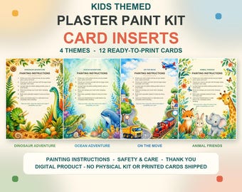 Kids Plaster Paint Kit Insert Cards, Printable Instructions, Safety and Thank You, 4 Themes