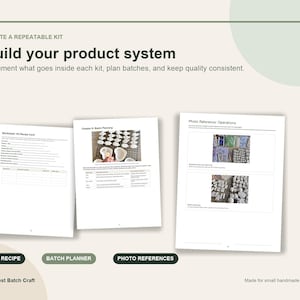 May include: A digital document titled Build your product system featuring a Kit Recipe Card worksheet, a Batch Planning chapter with a photo of small white objects, and a Photo Reference page for operations, all on a light beige background.