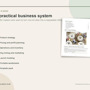 May include: A business workbook titled A practical business system with a table of contents and a page showing craft kits. The text lists seven sections including product strategy, pricing, operations, marketing, launch tracking, worksheets, and templates.