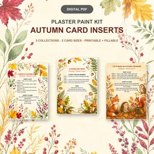 May include: A digital PDF plaster paint kit featuring autumn card inserts with three collections and two card sizes. The cards include instructions for painting, safety, and care, decorated with illustrations of fall leaves, a fox, a hedgehog, and an owl.