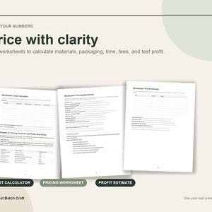 May include: A set of three printed worksheets titled Plan Your Numbers, Price with clarity, Cost Calculator, Pricing Worksheet, and Profit Estimate. The documents feature tables and lines for calculating materials, packaging, time, fees, and profit.