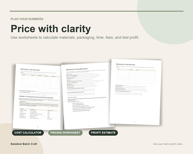 May include: A set of three printed worksheets titled Plan Your Numbers, Price with clarity, Cost Calculator, Pricing Worksheet, and Profit Estimate. The documents feature tables and lines for calculating materials, packaging, time, fees, and profit.