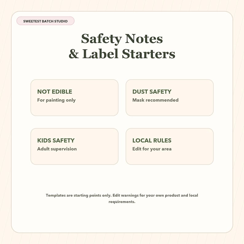 May include: A white informational graphic titled Safety Notes & Label Starters by Sweetest Batch Studio. It features four boxes with text: NOT EDIBLE For painting only, DUST SAFETY Mask recommended, KIDS SAFETY Adult supervision, and LOCAL RULES Edit for your area.