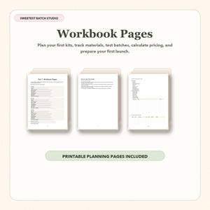 May include: A digital workbook page set featuring the text SWEETEST BATCH STUDIO, Workbook Pages, and PRINTABLE PLANNING PAGES INCLUDED. Three stacks of white paper sheets display various planning forms, checklists, and instructional text for business.