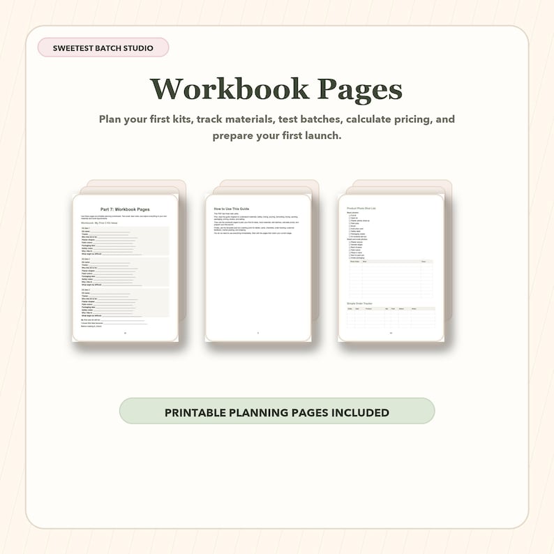 May include: A digital workbook page set featuring the text SWEETEST BATCH STUDIO, Workbook Pages, and PRINTABLE PLANNING PAGES INCLUDED. Three stacks of white paper sheets display various planning forms, checklists, and instructional text for business.