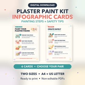 Puede incluir: Descarga digital de tarjetas infográficas para kit de pintura en yeso con pasos de pintura y consejos de seguridad. Incluye dos tarjetas con instrucciones para pintar figuras y pautas de seguridad. Disponible en tamaños A4 y US Letter en PDF.