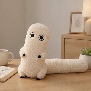 May include: A cream-colored plush toy with a long, cylindrical body and a thick, bushy tail. The creature features two large, circular eyes with black pupils and white irises, along with small, black-tipped limbs and feet.