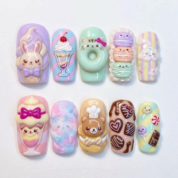 Summer Kawaii Press On Nails Cute 3D Dessert Nails Fake Nails Handmade Bunny Ice Cream Nails Sweet Donut Pastel Summer Nails Candy Nails