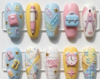 Back to School Press On Nails | Cute Pastel School Supplies False Nails | 3D Book Ruler Pencil Teacher Gel Nails
