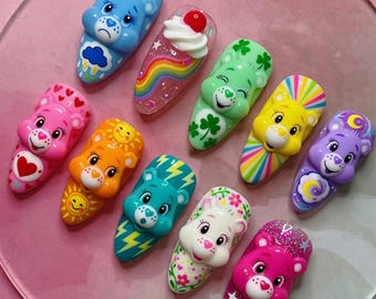 Summer Care Bears Press On Nails Kawaii Rainbow Nails Cute 3D Bear Nails Fake Nails Handmade Cartoon Nails Colorful Y2K Kidcore Summer Nails