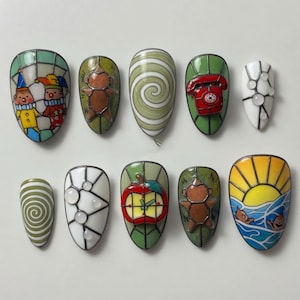 Cute Stained Glass Vintage Toy Press On Nails Sock Monkey Clown Red Telephone Apple Clock Sunrise Ocean Mosaic Sage Green Fake Nails Gift