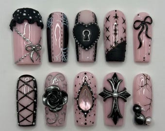 Autumn Pastel Goth Press On Nails Halloween Nails Jirai Kei Nails Cute 3D Cross Nails Fake Nails Handmade Gothic Rose Nails Pink Black Nails