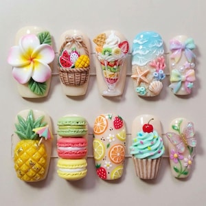 Realistic 3D Tropical Press On Nail Fruit Basket Parfait Pineapple Macaron Cupcake Beach Wave Starfish Plumeria Butterfly Kawaii Summer Nail