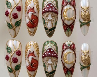 Woodland Stained Glass Press On Nails Cute Red Fox Mushroom Gold Crescent Moon Owl Berry Shimmer Pearl Forest Fairy Core Fake Nails Gift
