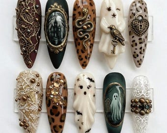 Dark Academia Gothic Press On Nails | Vintage Leopard Ghost Fake Nails | Snake Lace Gem Gel Nails | Halloween False Nails