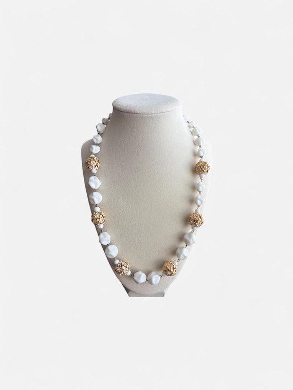 Vintage West Germany Milk Glass Necklace – Rhinestone Filigree Beads – 1950s