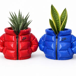 Peut inclure: Deux cache-pots en forme de doudoune, l'un rouge et l'autre bleu, avec une fermeture éclair noire, un logo Nike noir sur la poitrine et une plante succulente verte sortant du col. Les doudounes présentent une texture matelassée brillante.