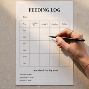 Può includere: Un foglio di registro dell'alimentazione in carta bianca con testo nero e una griglia. L'intestazione recita FEEDING LOG, seguita da una riga per la data. Le colonne sono Time, Feeding Type, Amount, Duration e Notes. Sotto c'è Additional Feeding Notes.