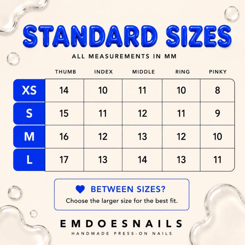 May include: A sizing chart for press-on nails titled STANDARD SIZES with measurements in mm. It lists sizes XS, S, M, and L for thumb, index, middle, ring, and pinky fingers. Includes a note for between sizes and the brand name EMDOESNAILS.