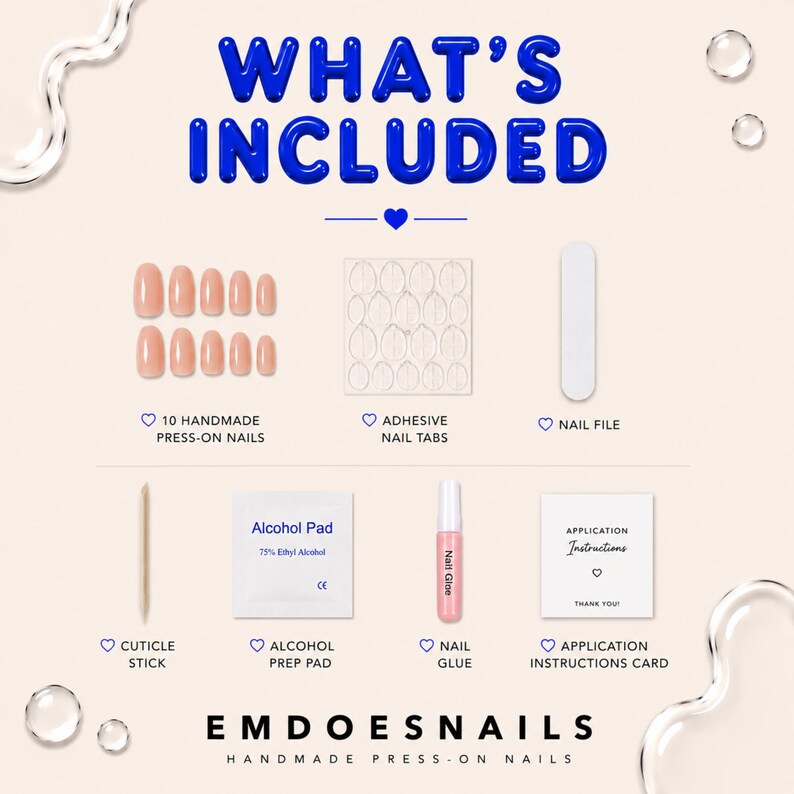May include: A press-on nail kit labeled WHAT'S INCLUDED containing 10 nude press-on nails, a sheet of adhesive nail tabs, a white nail file, a wooden cuticle stick, an alcohol prep pad, a tube of nail glue, and an application instructions card.