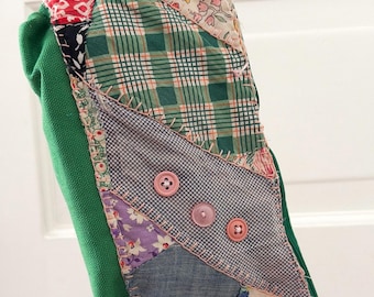 Upcycled Patchwork Zipper Pouch | Vintage Fabric Crazy Quilt Clutch | Green Denim Plaid Buttons Wristlet | One of a Kind Gift