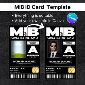 May include: A digital MIB ID card template featuring the text MIB MEN IN BLACK, SPECIAL AGENT A, ANIMAL RACE, RICHARD SANCHEZ, COMMANDER IN CHIEF, LEVEL XX, FULL ACCESS, and ID 1234567890. The design includes a photo placeholder, a gold chip, and a barcode.