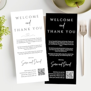 May include: Two rectangular wedding welcome and thank you cards, one with black text on a white background and one with white text on a black background. Both feature the names Sara and David, a heart graphic, and a QR code for photo sharing.