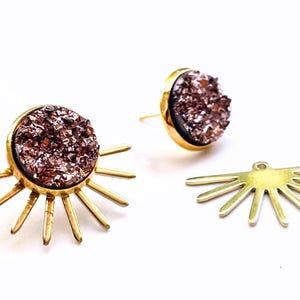 Druzy Ear Jackets - Druzy Studs -Sun Studs - Gold Stainless Steel Earrings