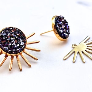 Druzy Ear Jackets - Druzy Studs -Sun Studs - Gold Stainless Steel Earrings