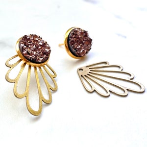 Druzy Ear Jackets - Druzy Studs - Petal Studs - Gold Stainless Steel Earrings