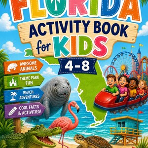 Florida activiteitenboek voor kinderen – 4-8 jaar, dieren, themapark, strandpret (directe download)