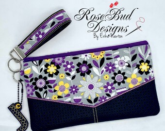 Purple Yellow Flowers Wristlet with Matching Wrist Strap And Monogram Charm