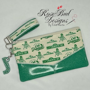 Green Cafe Tropical Schitts Wristlet Clutch With Matching Wrist Strap And Monogram Charm
