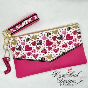 Pink Gold Leopard Valentine’s Day Wristlet Clutch With Matching Wrist Strap And Monogram Charm
