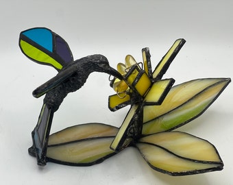Stained Glass Hummingbird on a Yellow Flower art  Figure