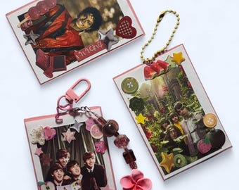 Gedecoreerde fotokaart, sleutelhanger optioneel. Beatles + Michael Jackson of op maat