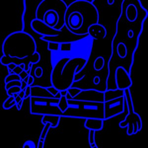 May include: A bright blue neon-style outline illustration of a rectangular cartoon character with large circular eyes, a wide smiling mouth with a tongue sticking out, wearing a collared shirt and tie, holding a double-scoop ice cream cone.