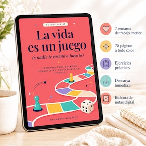 Könnte beinhalten: Ein Tablet zeigt das digitale Buchcover mit dem Titel La vida es un juego (y nadie te enseñó a jugarla) von Ana María Wielandt. Das Cover zeigt einen bunten Spielpfad, eine gelbe Spielfigur, eine türkise Spielfigur und einen weißen Würfel.