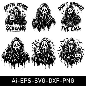 Puede incluir: Una colección de seis ilustraciones gráficas en blanco y negro que muestran una figura encapuchada con una máscara de fantasma. Los diseños incluyen textos como COFFEE BEFORE SCREAMS y DON'T ANSWER THE CALL, junto a tazas de café, teléfonos y calabazas.
