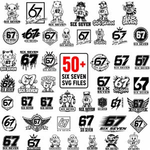 Könnte beinhalten: Eine Sammlung von über 50 schwarz-weißen Grafikdesigns mit der Zahl 67 und dem Text Six Seven. Die Bilder enthalten verschiedene Charaktere, Logos, Embleme und stilisierte Typografien, die in einem Raster für die digitale Nutzung angeordnet sind.