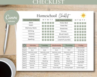 Editable Homeschool checklist printable  | daily homeschool planner | Canva template | weekly schedule | instant download