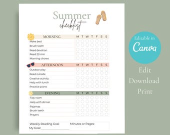 Summer Routine Checklist for Kids | Editable Canva Template (Instant Download)