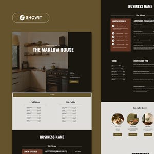 Pode incluir: Um design de layout de site para The Marlow House com um esquema de cores castanho escuro e branco. A página inclui uma fotografia de cozinha, uma secção de menu com especiais de almoço, entradas e jantares para dois, e uma secção de café.