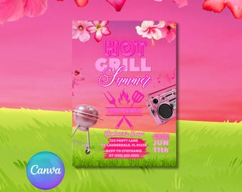 Convite animado e editável para churrasco de verão em tons de rosa - Digital