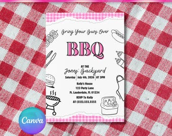 Convite animado e editável para churrasco com design de rabiscos rosa - Convite digital para eventos de verão, aniversário e churrasco no quintal