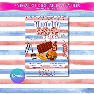 May include: An animated digital invitation template for a 4th of July BBQ potluck. The design features red, white, and blue stripes, illustrations of ribs, a burger, corn, and grilling tools, with text including the date, time, and RSVP details.