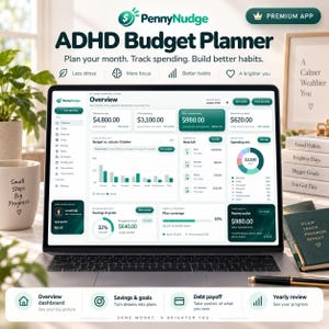 Può includere: Uno schermo di computer portatile mostra l'interfaccia del pianificatore di budget PennyNudge ADHD con dati finanziari, grafici e una dashboard. Lo schermo mostra una panoramica di entrate, spese, obiettivi di risparmio e progressi.