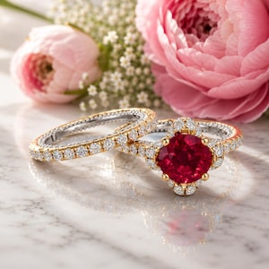 May include: A two-piece ring set featuring a central round-cut deep red gemstone surrounded by a halo of small white stones. The bands are crafted with yellow gold edges and white metal settings, encrusted with numerous small white stones.