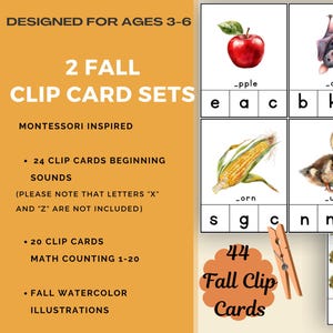 May include: A set of 44 educational autumn clip cards featuring watercolour illustrations of apples, bats, corn, ducks, mushrooms, and trees. The cards include beginning sound activities and maths counting exercises, accompanied by two wooden clothespins.